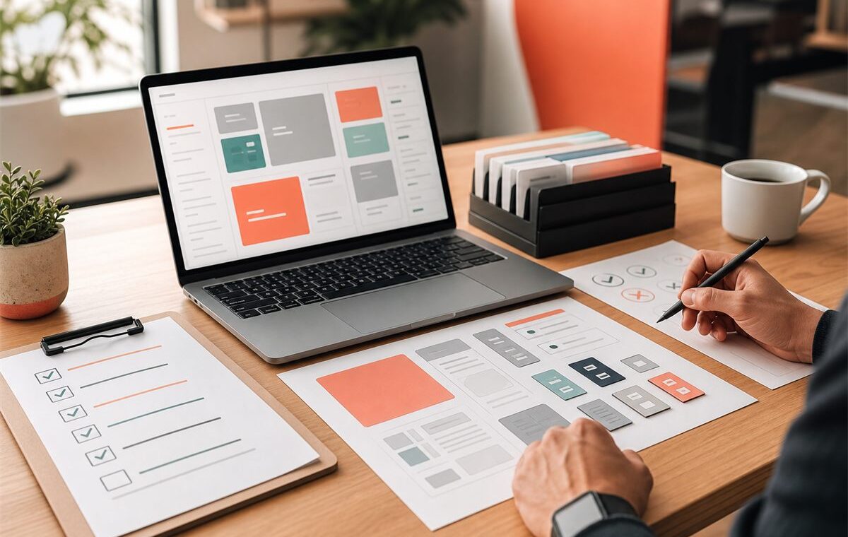 Fluxo de CMS com componentes reutilizáveis, checklist e validação de conteúdo