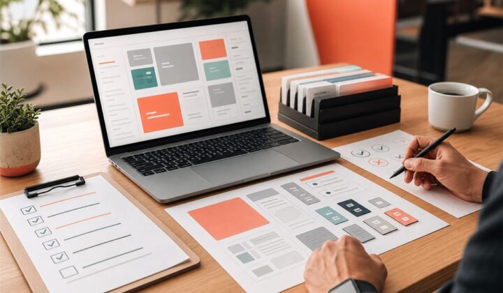 Fluxo de CMS com componentes reutilizáveis, checklist e validação de conteúdo