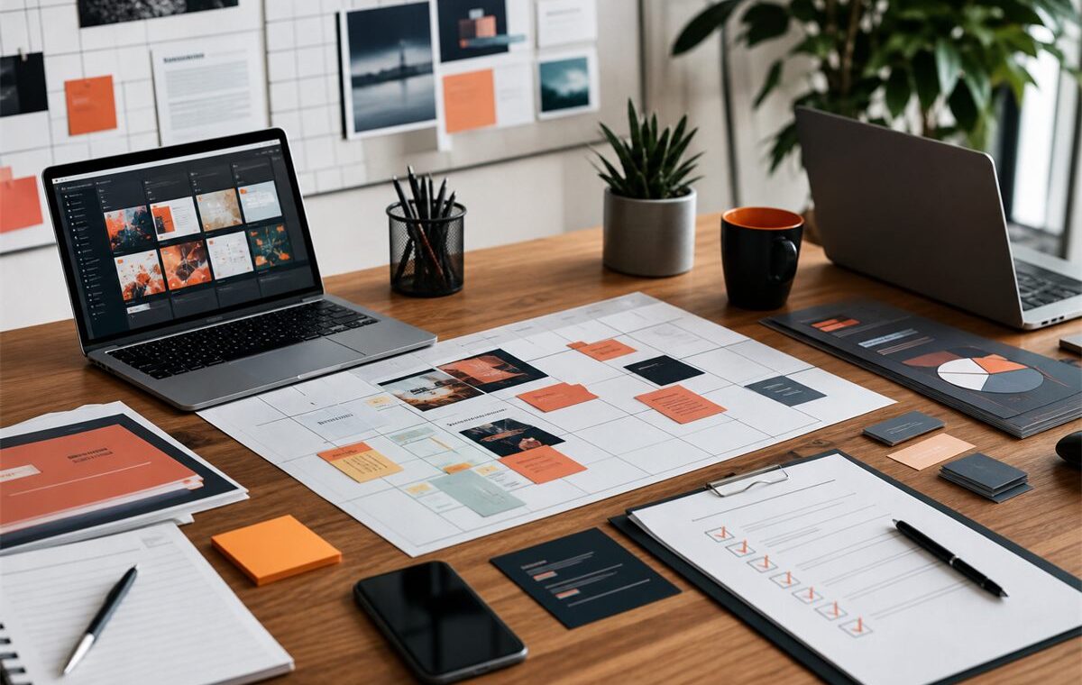 Mesa de planejamento de campanha digital com calendário, checklist e cards de produção