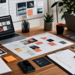 Mesa de planejamento de campanha digital com calendário, checklist e cards de produção