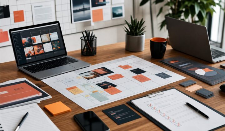 Mesa de planejamento de campanha digital com calendário, checklist e cards de produção