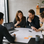 Equipe multidisciplinar planejando fluxos e arquitetura de um software sob medida