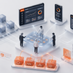 Ilustração 3D isométrica de módulos de software personalizados conectando sistemas web, mobile e banco de dados em um ambiente corporativo.