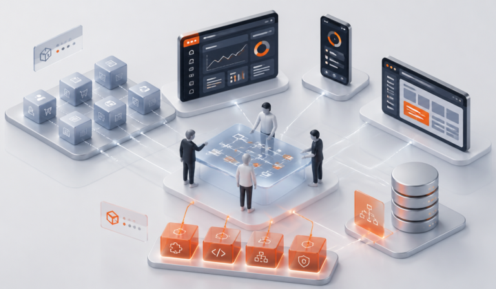 Ilustração 3D isométrica de módulos de software personalizados conectando sistemas web, mobile e banco de dados em um ambiente corporativo.