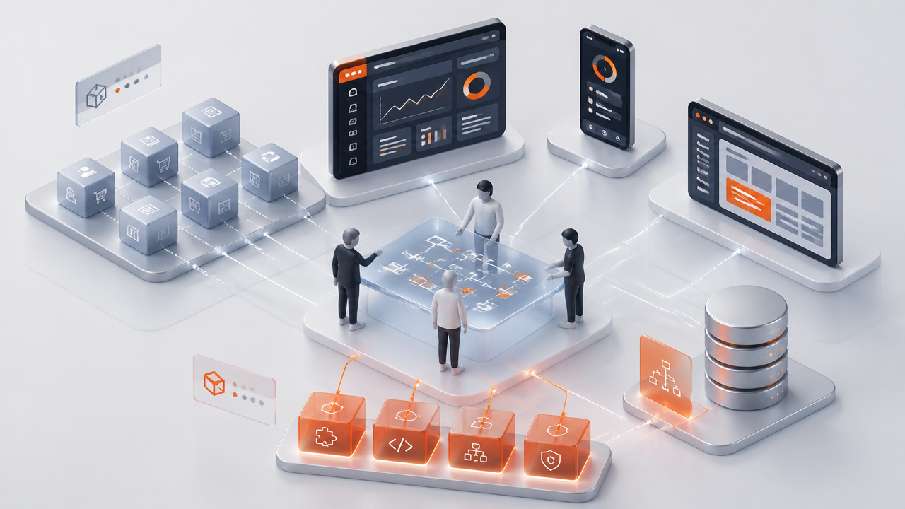 Ilustração 3D isométrica de módulos de software personalizados conectando sistemas web, mobile e banco de dados em um ambiente corporativo.