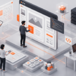 Ilustração isométrica 3D de equipe planejando e construindo uma plataforma web com interfaces, integrações e infraestrutura digital.