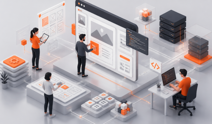 Ilustração isométrica 3D de equipe planejando e construindo uma plataforma web com interfaces, integrações e infraestrutura digital.