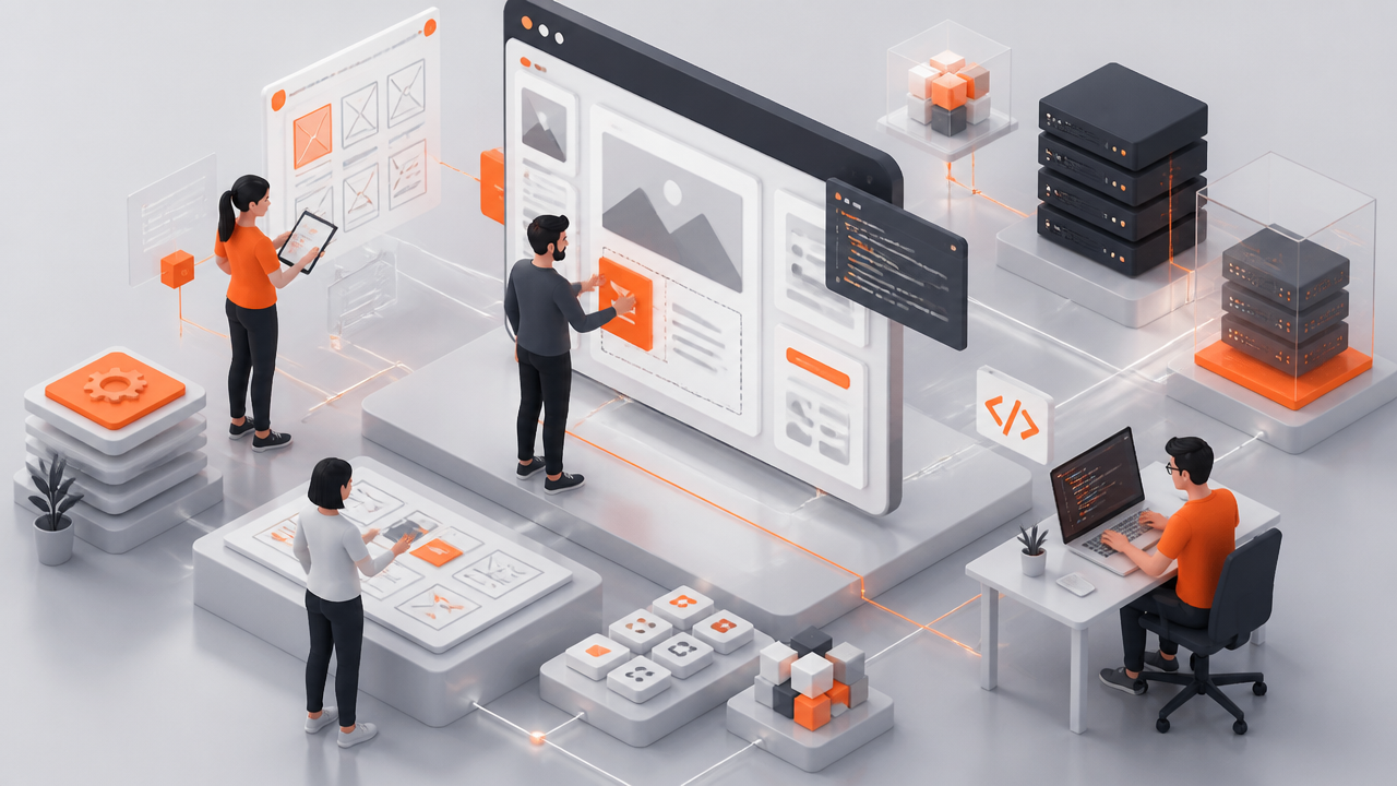 Ilustração isométrica 3D de equipe planejando e construindo uma plataforma web com interfaces, integrações e infraestrutura digital.