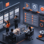 Ilustração isométrica de equipe e pipeline de qualidade no desenvolvimento ágil de software