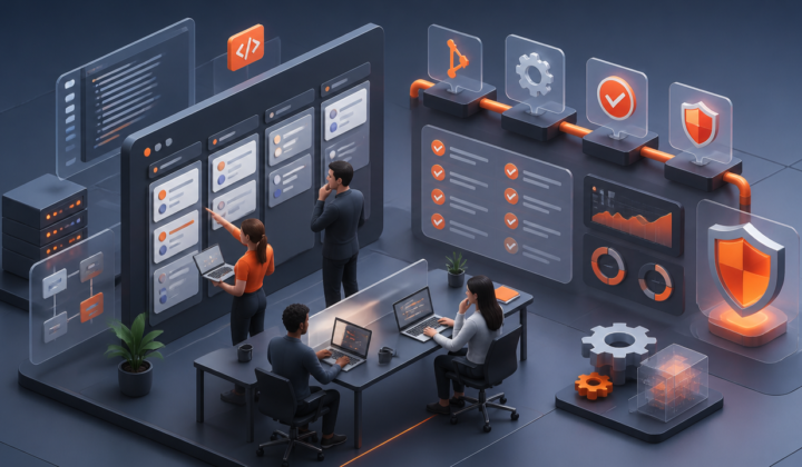 Ilustração isométrica de equipe e pipeline de qualidade no desenvolvimento ágil de software