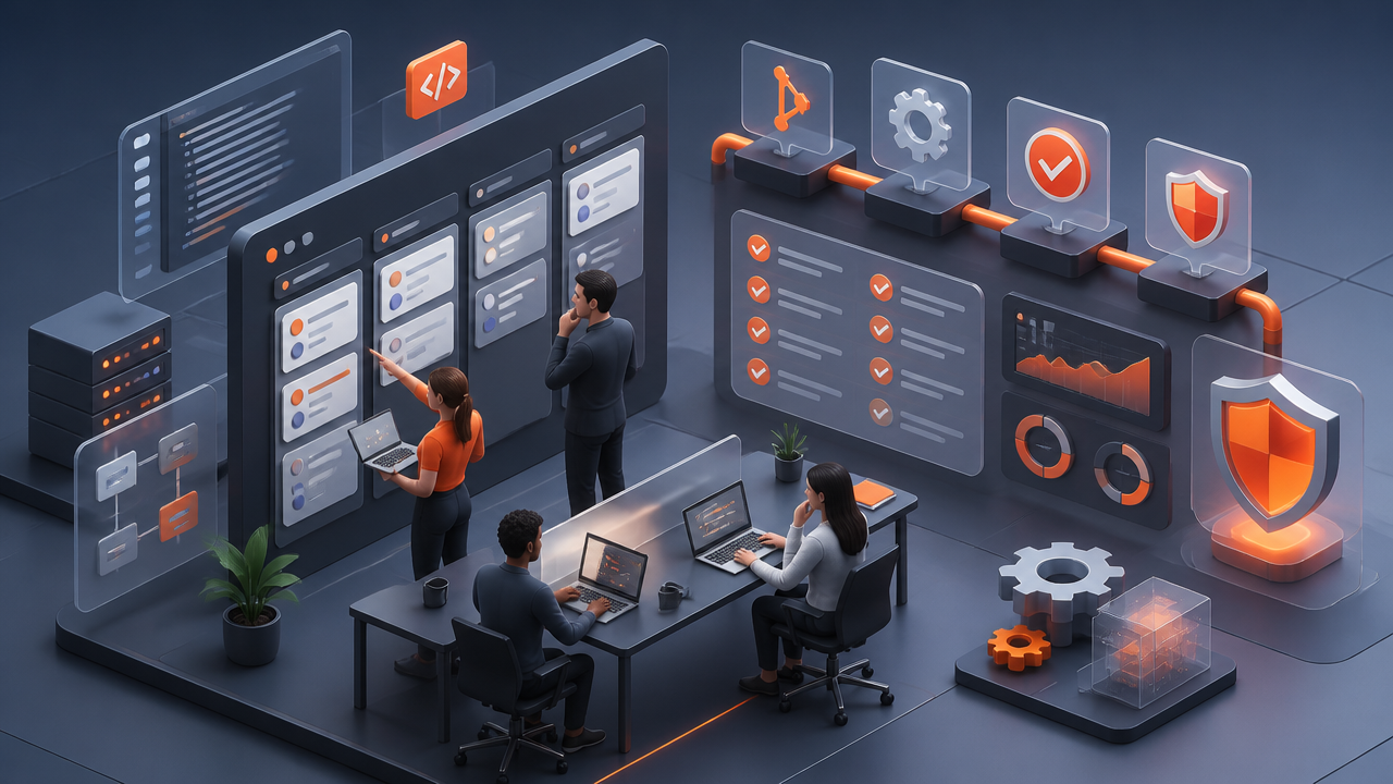 Ilustração isométrica de equipe e pipeline de qualidade no desenvolvimento ágil de software